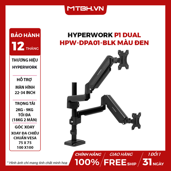 Tay Nâng Màn Hình HyperWork P1 Dual HPW-DPA01-BLK (22 - 34inch) Màu Đen