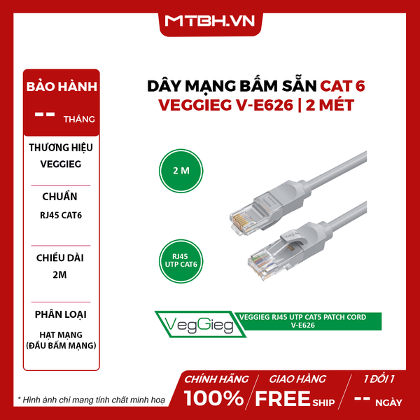 DÂY MẠNG BẤM SẴN CAT 6 VEGGIEG V-E626 | 2 MÉT