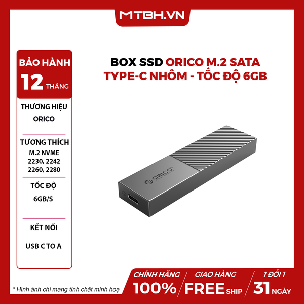 Hộp ổ cứng Orico M.2 Sata TypeC Nhôm - Tốc độ 6Gbps (M205C3-GY) - Box SSD