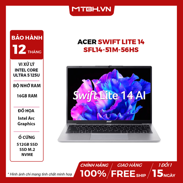 LAPTOP ACER SWIFT LITE 14 SFL14-51M-56HS ULTRA 5 125U | 16GB RAM | 512GB SSD | Intel Arc Graphics | 14' WUXGA | Win 11