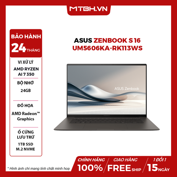 LAPTOP ASUS ZENBOOK S 16 UM5606KA-RK113WS Ryzen AI 7 350 | 24GB RAM | 1TB SSD | AMD Radeon™ Graphics | 16' 3K OLED | Win 11