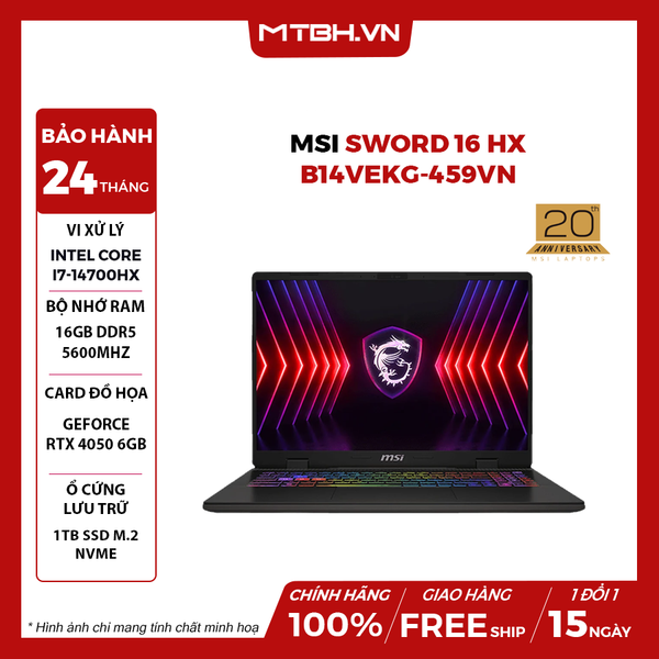 LAPTOP GAMING MSI SWORD 16 HX B14VEKG-459VN CORE i7-14700HX | RTX 4050 6GB | 16GB RAM | 1TB SSD | 16' FHD+ 165Hz | Win 11 - 20TH EDITION