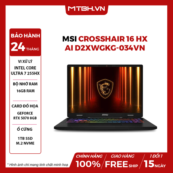 LAPTOP GAMING MSI CROSSHAIR 16 HX AI D2XWGKG-034VN Intel Core Ultra 7 255HX | RTX 5070 8GB | 16GB RAM | 1TB SSD | 16 inch QHD + 240Hz Win 11