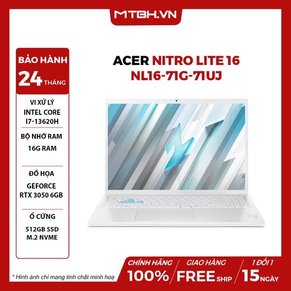 LAPTOP GAMING ACER NITRO LITE 16 NL16-71G-71UJ CORE i7-13620H | RTX 3050 6GB | 16GB RAM | 512GB SSD | 16' FHD+ IPS 165Hz | Win 11 - WHITE