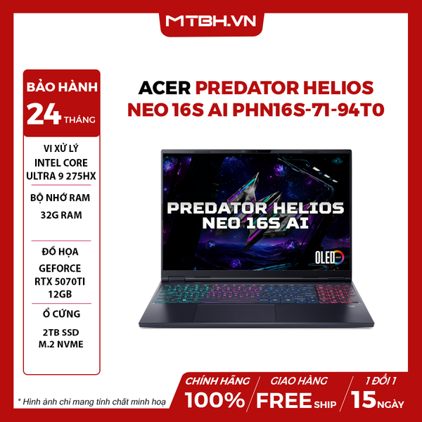 LAPTOP GAMING ACER PREDATOR HELIOS NEO 16S AI PHN16S-71-94T0 Ultra 9 275HX | RTX 5070Ti 12GB | 32GB RAM | 2TB SSD | 16' 2K+ OLED 100% DCI-P3 | Win 11