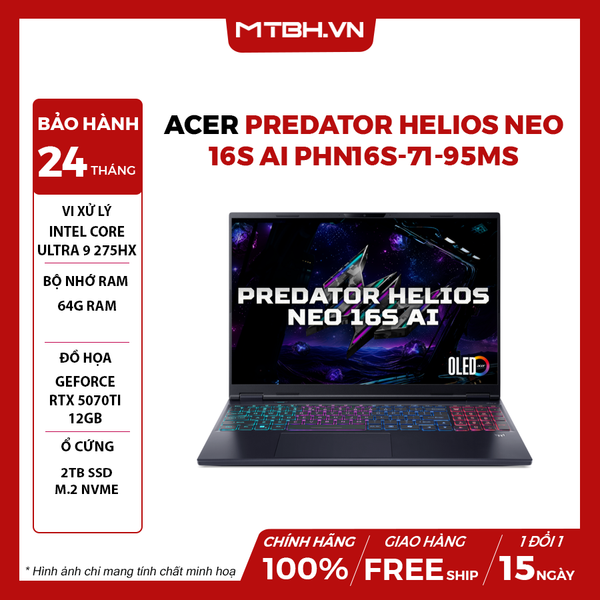 LAPTOP GAMING ACER PREDATOR HELIOS NEO 16S AI PHN16S-71-95MS Ultra 9 275HX | RTX 5070Ti 12GB | 64GB RAM | 2TB SSD | 16' 2K+ OLED 100% DCI-P3 | Win 11