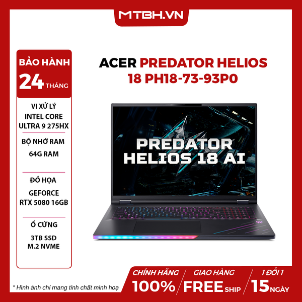LAPTOP GAMING ACER PREDATOR HELIOS 18 PH18-73-93P0 Ultra 9 275HX | RTX 5080 16GB | 64GB RAM | 3TB SSD | 18' WQXGA 2K+ MiniLED 250Hz 100% DCI-P3 | Win 11