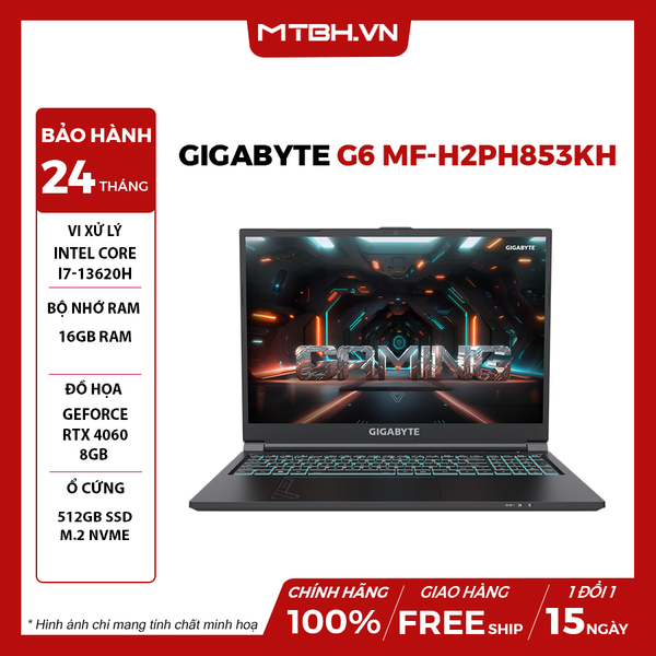 LAPTOP GAMING GIGABYTE G6 KF-H3VN853KH Core i7-13620H | RTX 4060 8GB | 16GB RAM | 512GB SSD | 16' FHD+ 165Hz | Windows 11