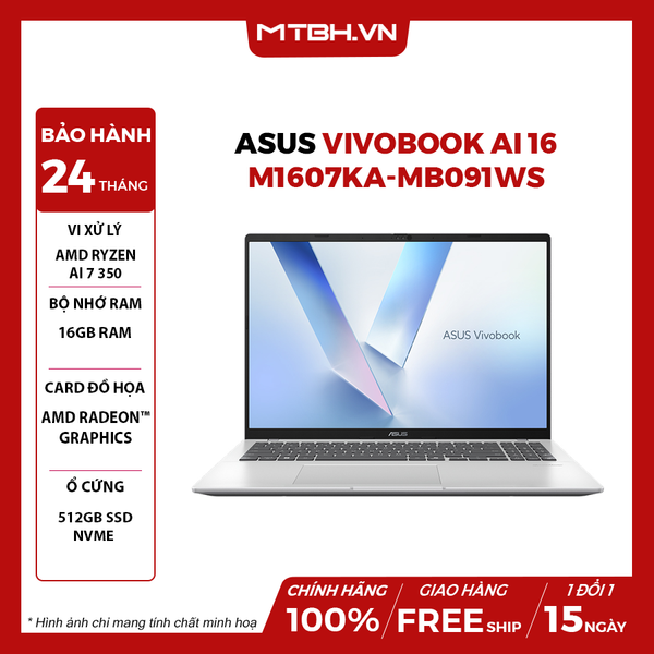 LAPTOP ASUS VIVOBOOK AI 16 M1607KA-MB091WS Ryzen AI 7 350 | 16GB RAM | 512GB SSD | AMD Radeon Graphics | 16' WUXGA | Win 11