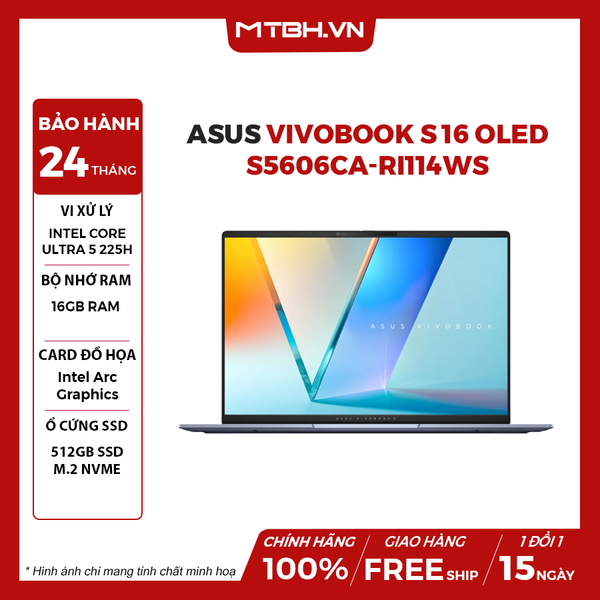 LAPTOP ASUS VIVOBOOK S 16 OLED S5606CA-RI114WS Ultra 5 225H | 16GB RAM | 512GB SSD | Intel Arc Graphics | 16' 3K OLED 120Hz | Win 11
