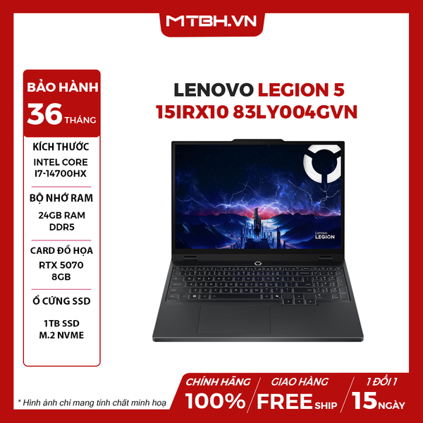 LAPTOP GAMING LENOVO LEGION 5 15IRX10 83LY004GVN CORE i7-14700HX | RTX 5070 8GB | 24GB RAM | 1TB SSD | 15.1