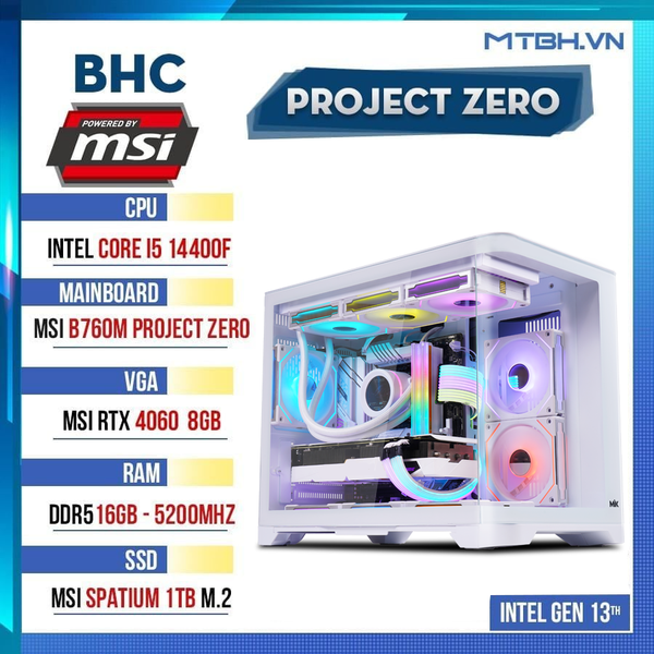 PC Gaming Ares Gen 14th PROJECT ZERO White Msi Edition ( i5 14400F | RTX 4060 8GB | 16GB DDR5 | B760M | 512GB )