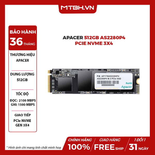 SSD Apacer 512GB AS2280P4 M.2 PCIe NVMe 3x4 (Đọc 3000MB/S)