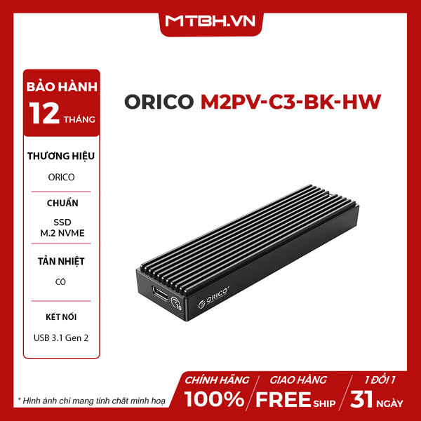 Hộp ổ cứng ORICO NVMe M.2 SSD USB 3.1 Gen 2 - Đen (M2PV-C3-BK-HW)