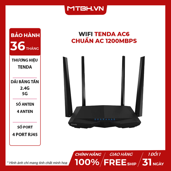 BỘ PHÁT WIFI TENDA AC6 - CHUẨN AC 1200Mbps | BĂNG TẦN KÉP | 4 ANTEN