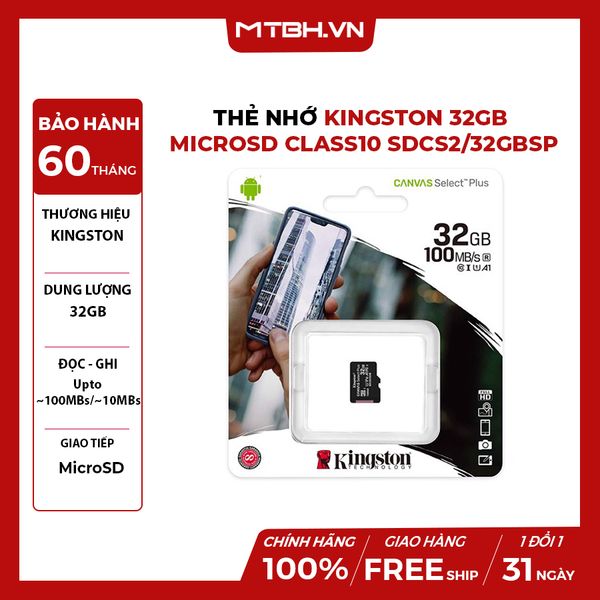 THẺ NHỚ KINGSTON 32GB MICROSD CLASS10 SDCS2/32GBSP