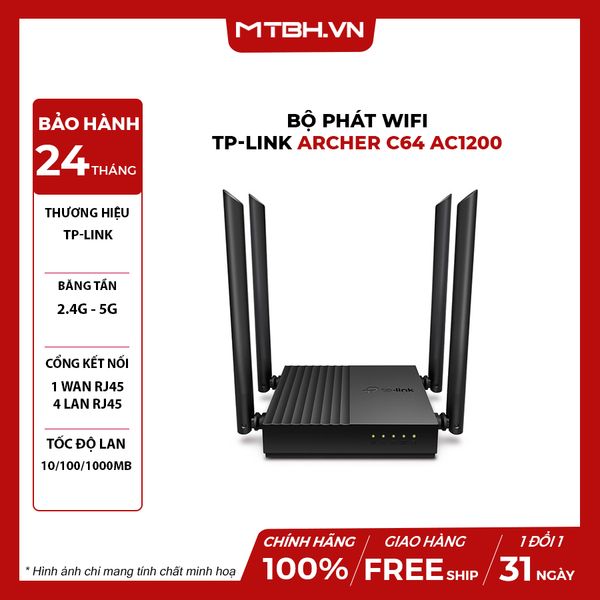 BỘ PHÁT WIFI TP-LINK ARCHER C64 AC1200 - BĂNG TẦN KÉP | GIGABIT ETHERNET | MU-MIMO | WPA3