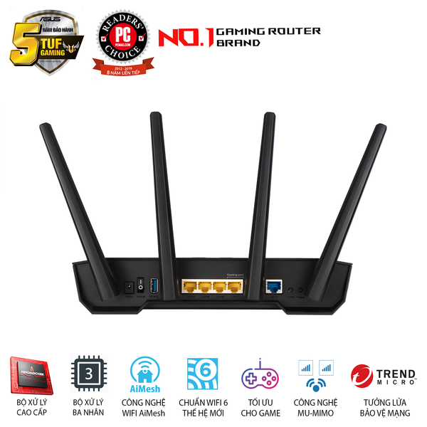 BỘ PHÁT WIFI ASUS TUF Gaming AX3000 (Gaming Router) Wifi AX3000 2 băng tần, Wifi 6 (802.11ax), AiMesh WIFI Mesh, MU-MIMO, AiProtection, USB 3.1