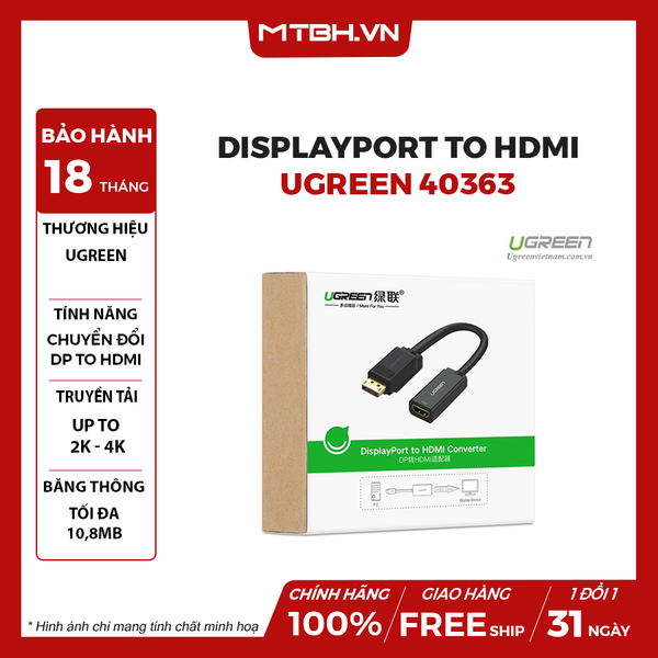 Cáp chuyển đổi Displayport to HDMI hỗ trợ 4Kx2K chính hãng Ugreen 40363 cao cấp