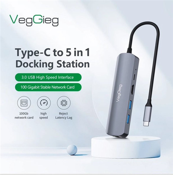 HUB USB TYPEC 5 in 1 VegGieg V-TC05R - Chuyển đổi USB type C sang HDMI, RJ45, USB 3.0, USB -C PD