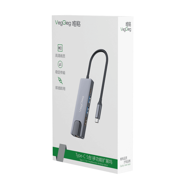 HUB USB TYPEC 5 in 1 VegGieg V-TC05R - Chuyển đổi USB type C sang HDMI, RJ45, USB 3.0, USB -C PD