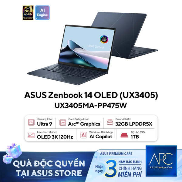 LAPTOP ASUS ZENBOOK 14 OLED UX3405MA-PP475W Intel Core Ultra 9 185H | 32GB RAM | 1TB SSD | Intel Arc Graphics | 14' WQXGA+ OLED 100% DCI-P3 | Win 11