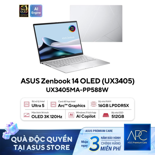 LAPTOP ASUS ZENBOOK 14 OLED UX3405MA-PP588W Intel Core Ultra 5 125H | 16GB RAM | 512GB SSD | Intel Arc Graphics | 14' WQXGA+ OLED 100% DCI-P3 | Win 11