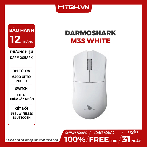 CHUỘT DARMOSHARK M3S WHITE (3 CHẾ ĐỘ KẾT NỐI DÂY / WIRELESS 2.4GHZ / BLUETOOTH 5.0)