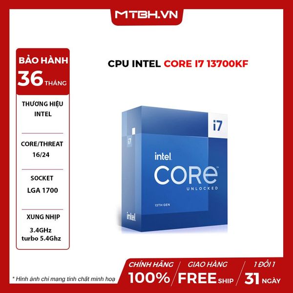 CPU Intel Core i7 13700KF (3.4GHz turbo up to 5.4Ghz, 16 nhân 24 luồng, 24MB Cache, 125W) - Socket Intel LGA 1700/Alder Lake) 13TH BOX CHÍNH HÃNG