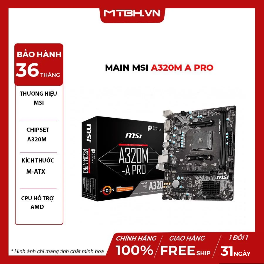 MAIN MSI A320M A PRO (AMD A320, Socket AM4, m-ATX, khe RAM DDR4)