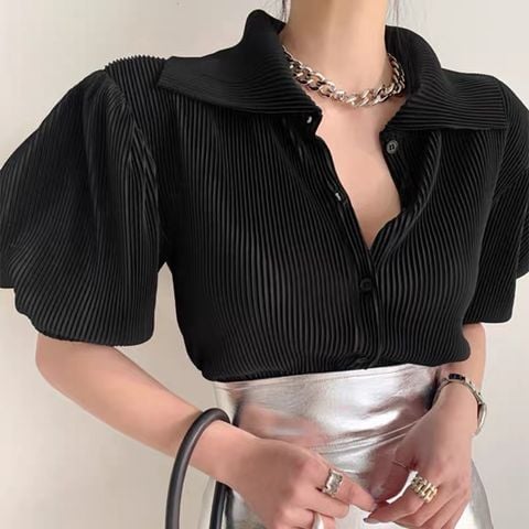 Áo sơ mi tay phồng màu kem hồng và nâu nữ tính