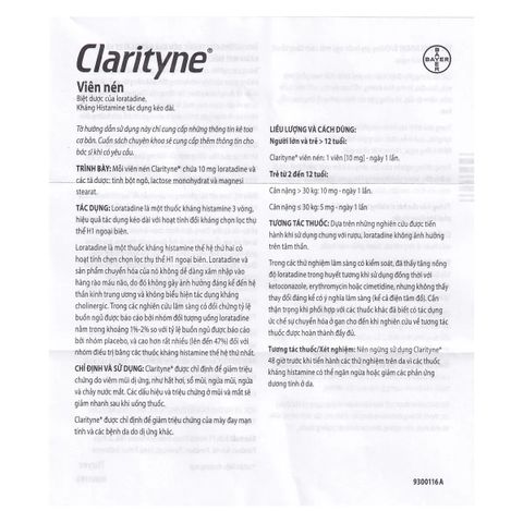  Clarityne 10mg trị viêm mũi dị ứng, mề đay (1 vỉ x 10 viên) 