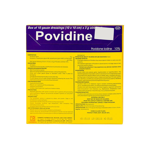  Gạc Povidine iodine 10% sát trùng vết thương hộp 10 miếng 