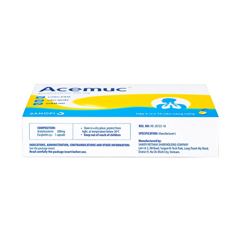  Thuốc Acemuc 200mg Sanofi long đàm, tiêu nhày, giảm ho (3 vỉ x 10 viên) 