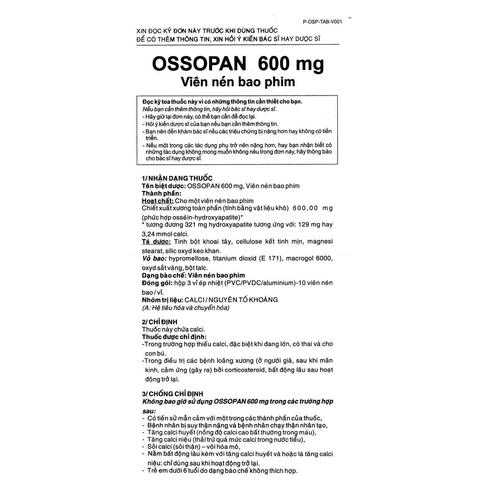  Ossopan 600mg bổ sung canxi, trị loãng xương (3 vỉ x 10 viên) 