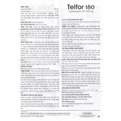  Telfor 180 trị mày đay mạn tính (2 vỉ x 10 viên) 