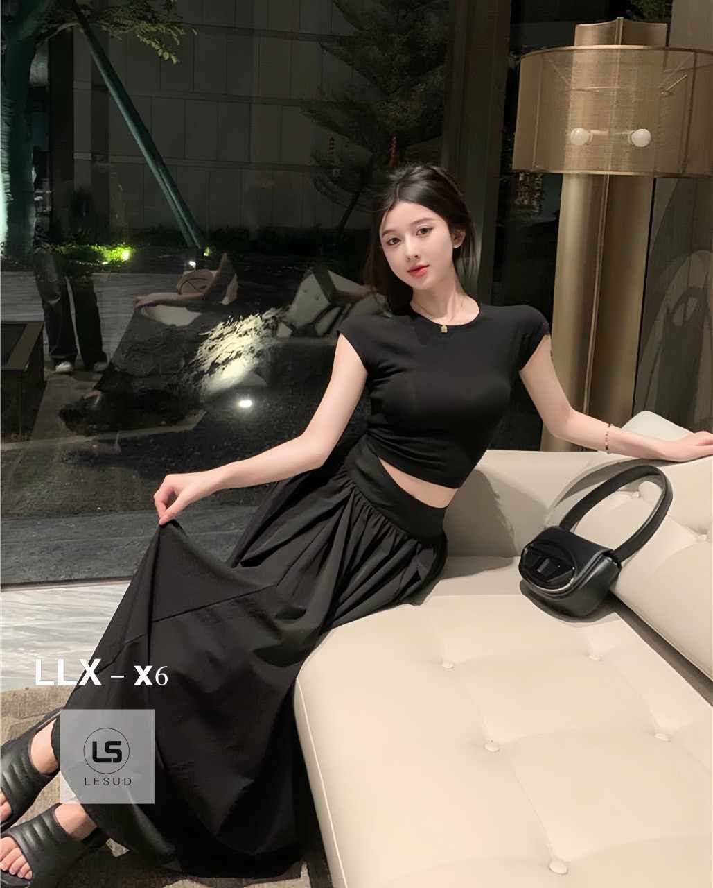 Set Chân Váy Dài + Áo Croptop Màu Đen