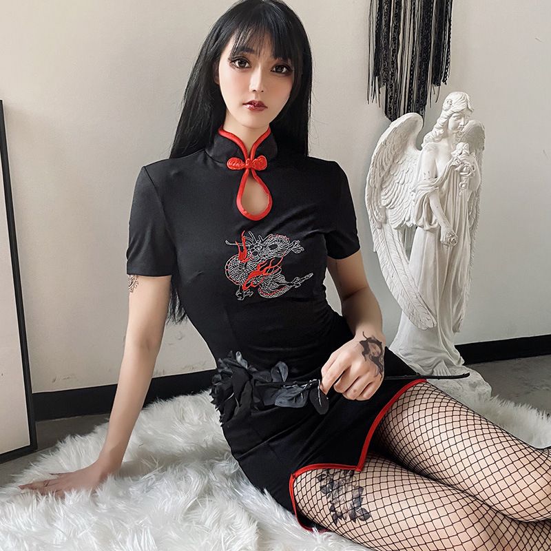 Sườn Xám Ngắn Thun Thêu Rồng