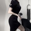 Sườn Xám  Ngắn Nhung Dây Sỏ Ngực