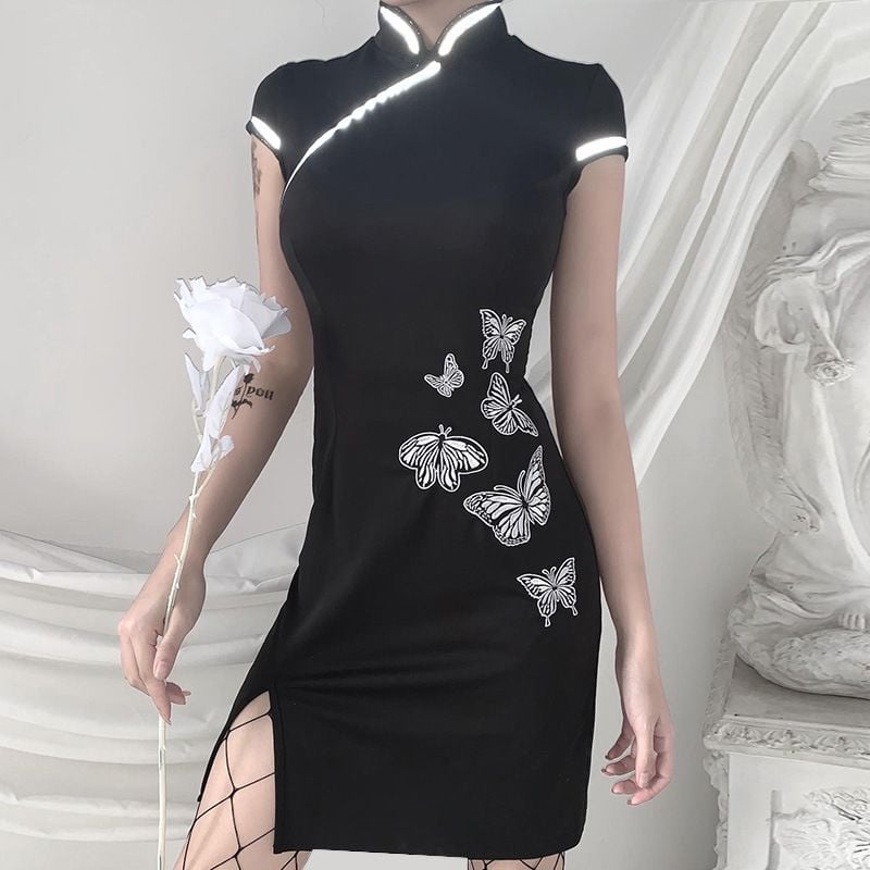 Sườn Xám Ngắn Thun Thêu Bướm