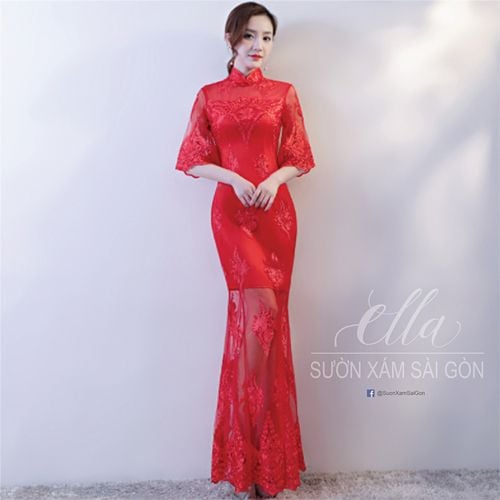 Sườn Xám Cưới đuôi cá ren hở chân