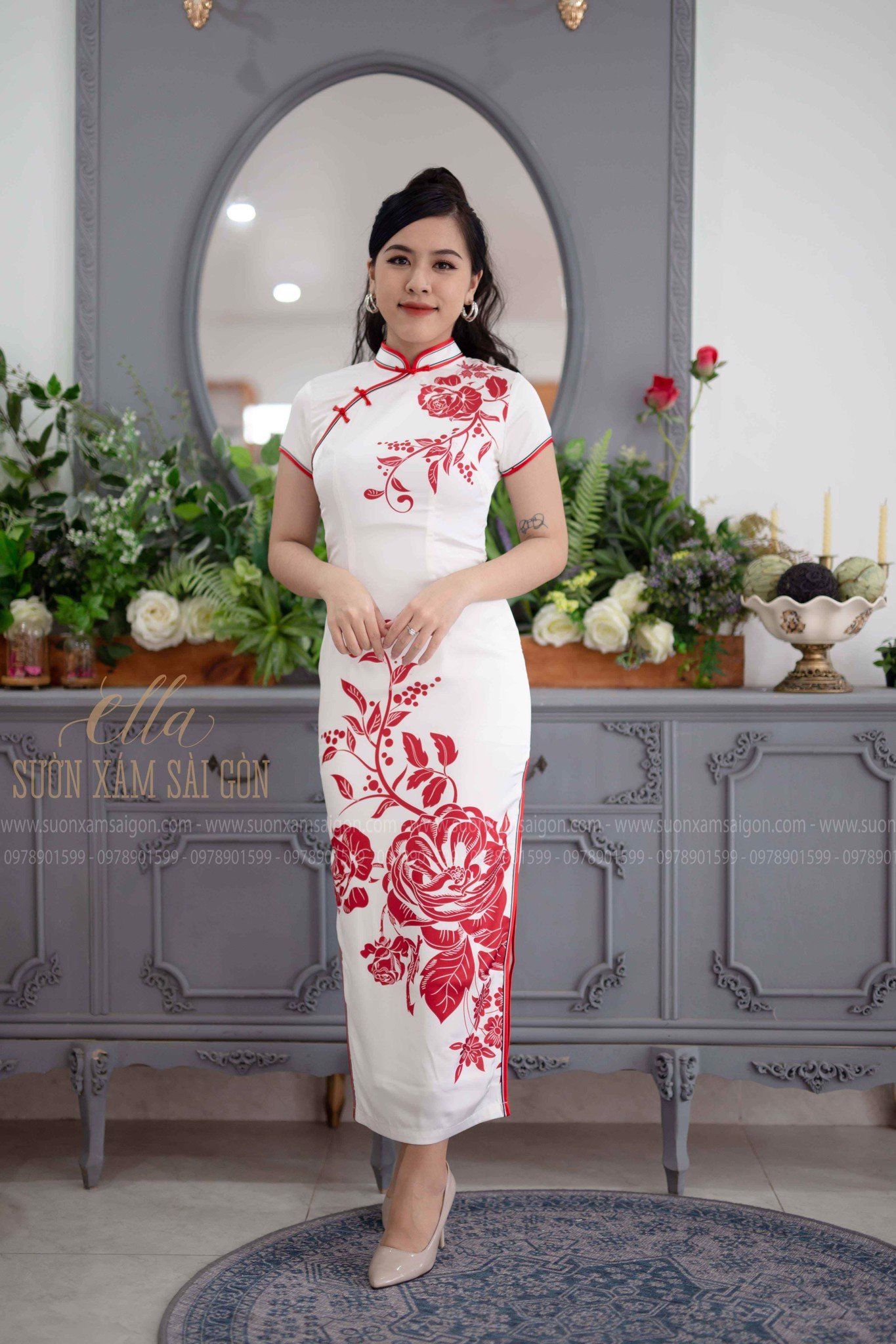 Sườn Xám Lụa Hoa Hồng