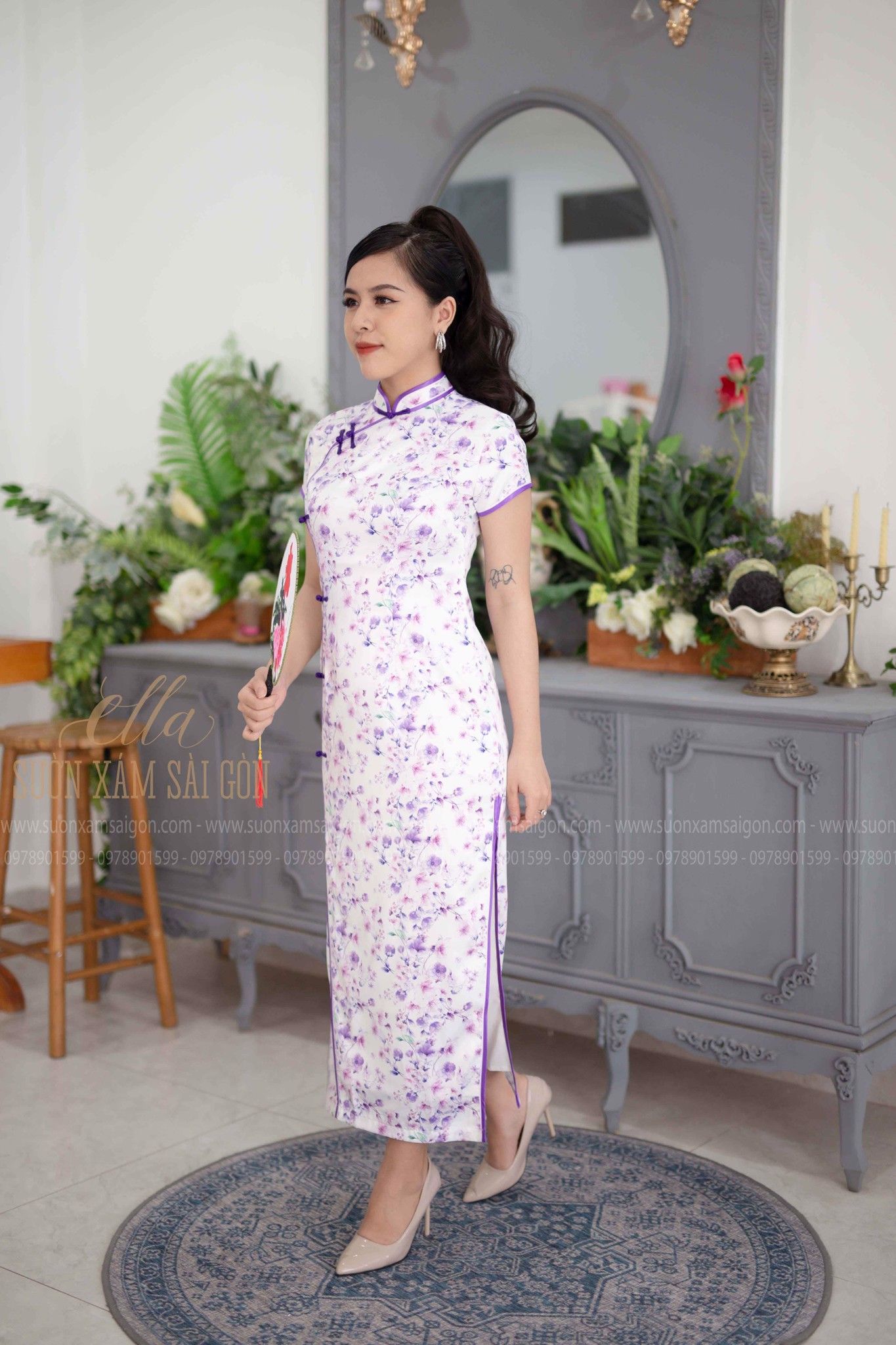 Sườn Xám Lụa Hoa Tím Nhí