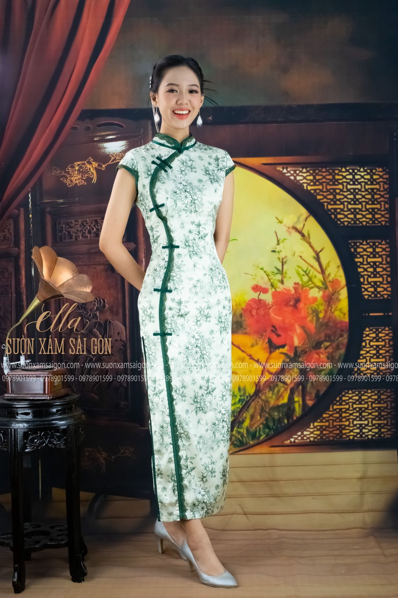 Sườn Xám Lụa Rêu Ren