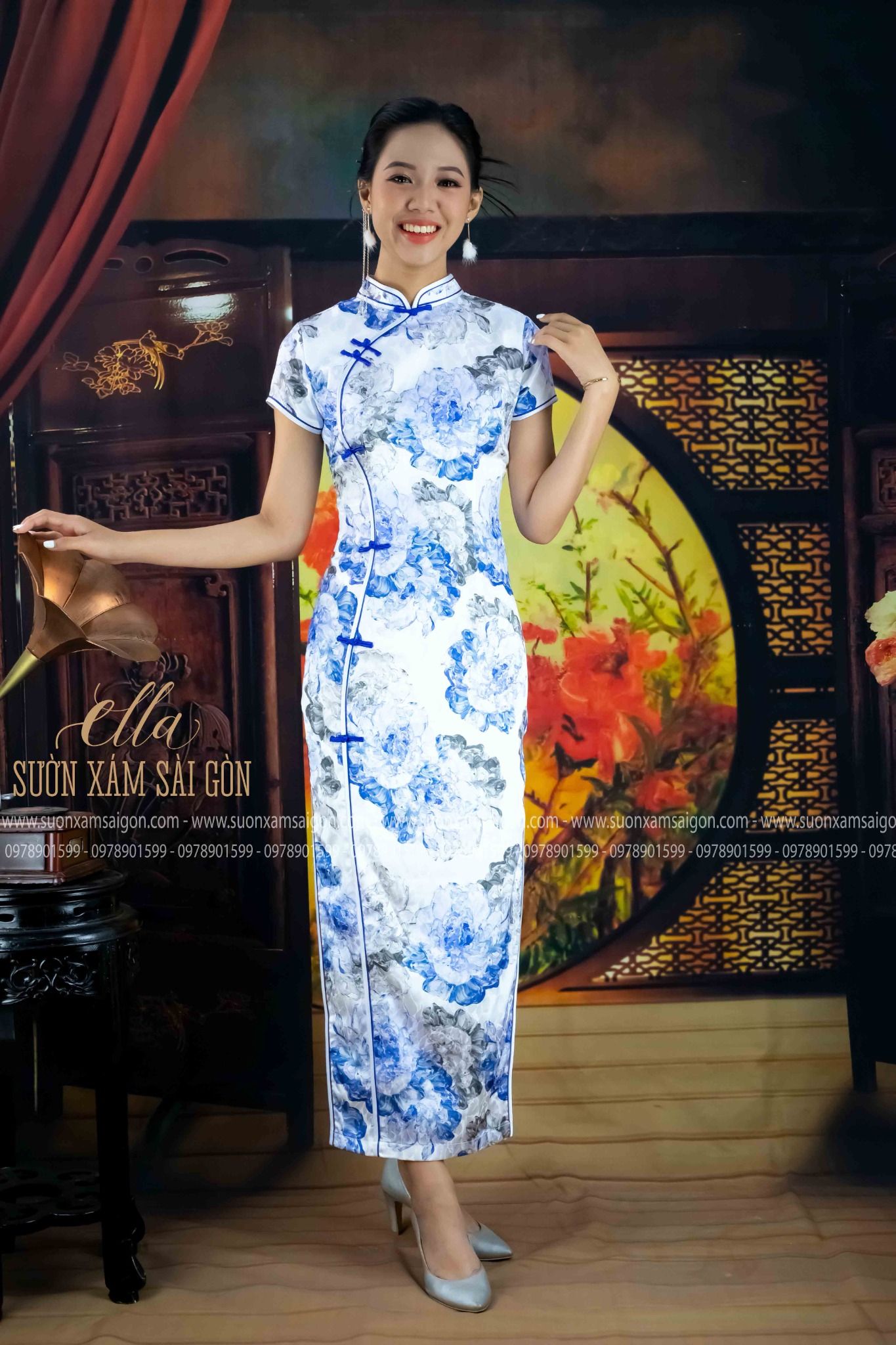 Sườn Xám Gấm Lá Hoa Trinh Nữ