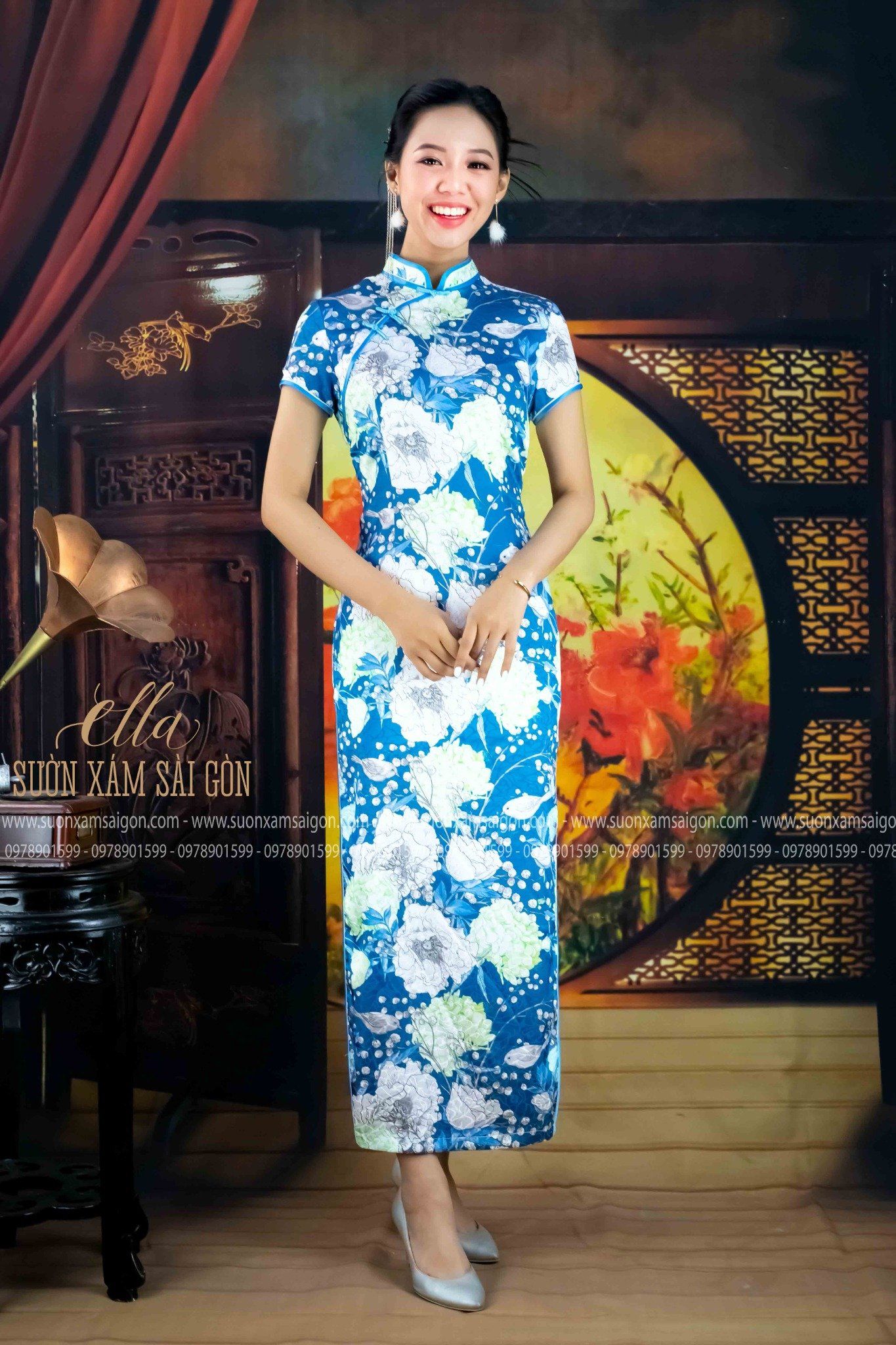 Sườn Xám Lụa Chiêu Quân Cẩm Tú Cầu