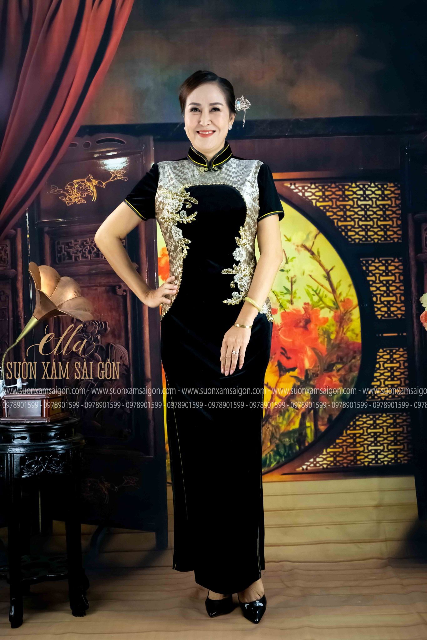 Sườn Xám Nhung Phối Đắp Hoa