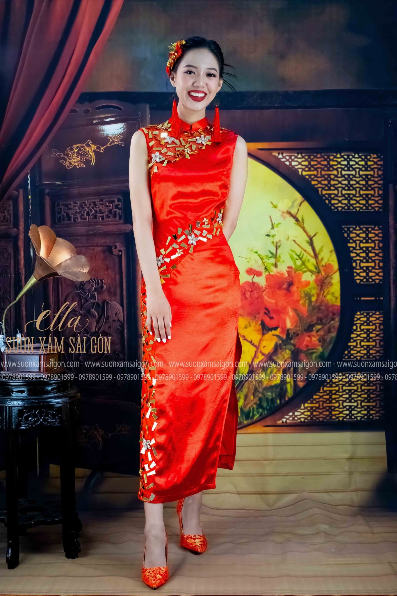 Sườn Xám Fo Phối Ren Kết Đá