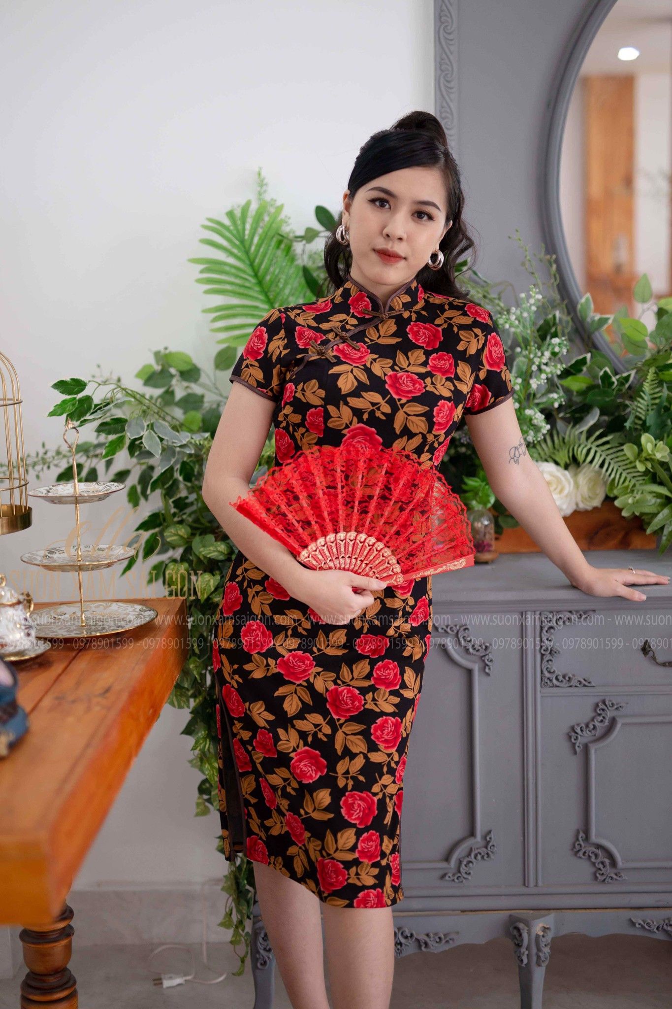 Sườn Xám Thun Hoa Hồng Dài