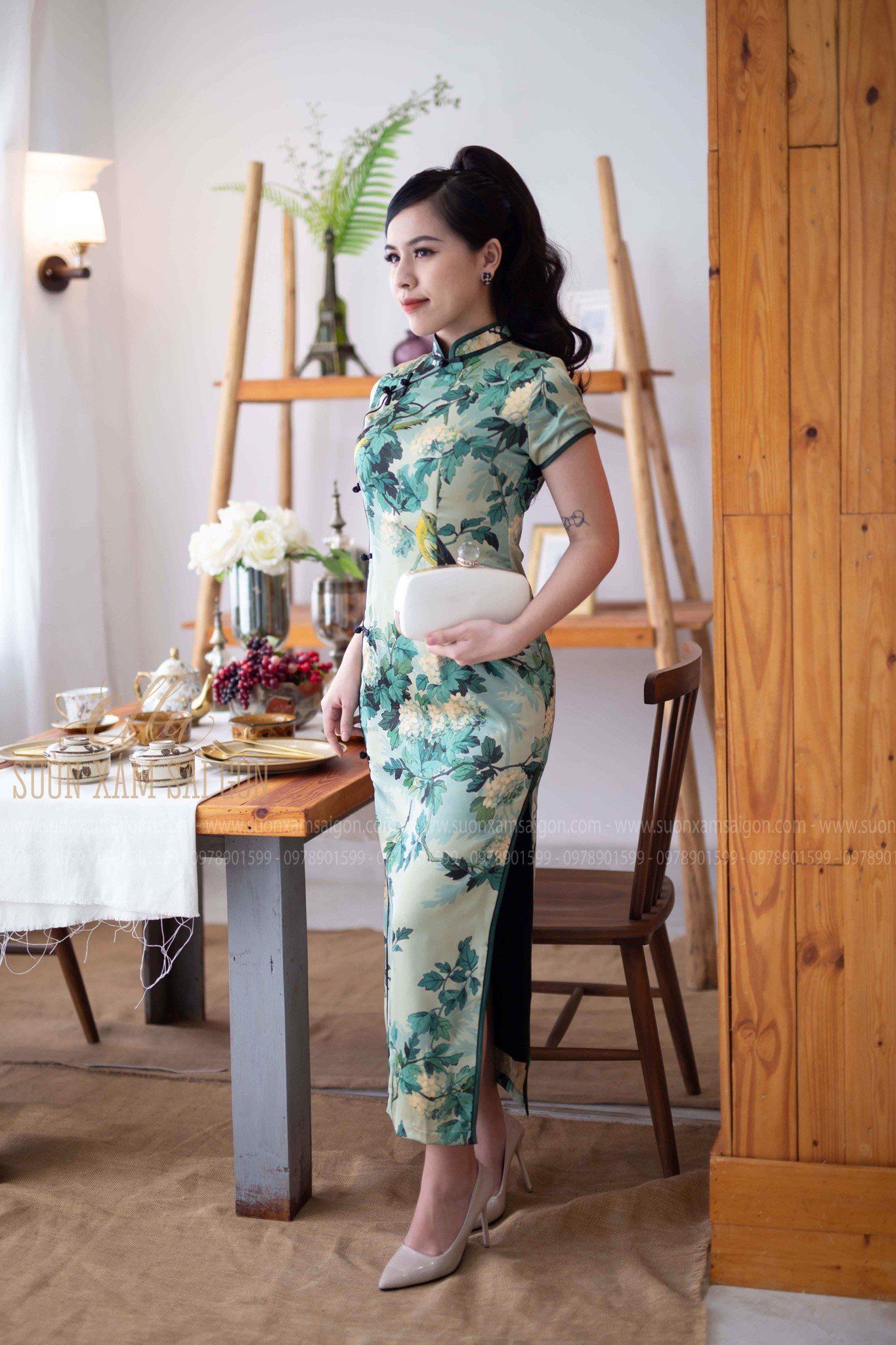 Sườn Xám Lụa Hoa Chim Sẻ